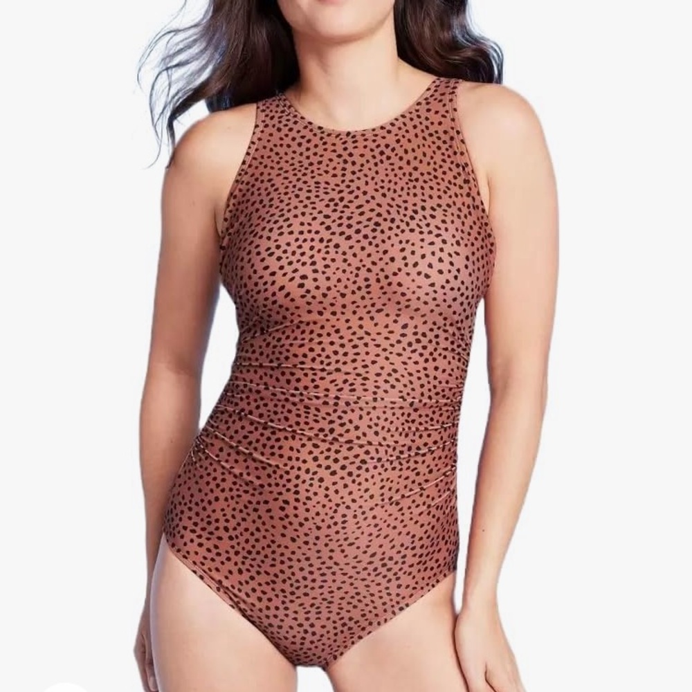 NWT Women's Spotted Print High Neck Ruched Full Coverage One Piece Swimsuit